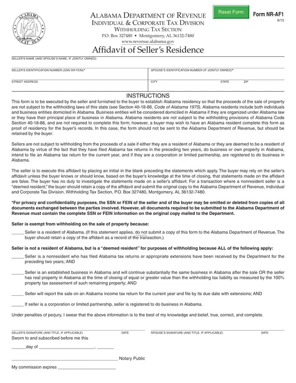 Get the most current Alabama NR-AF1 Seller's Residence Affidavit - For Confirming Residency and Property Sale Regulations form now