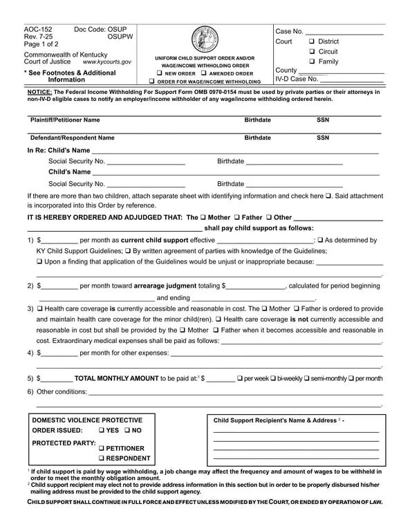 Get the most current Child Support Order form now