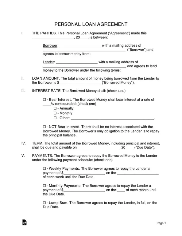 Personal Loan Agreement Terms between Two Parties