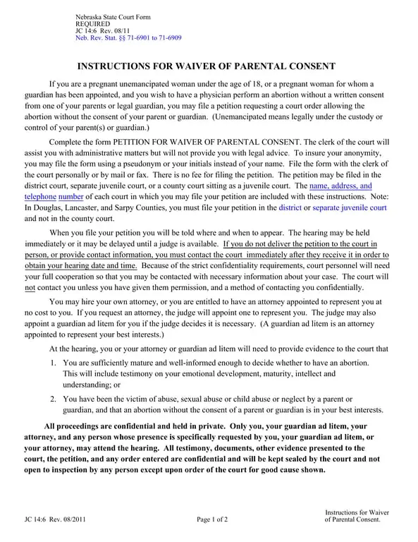 Get the most current Nebraska Waiver of Parental Consent Petition Overview form now