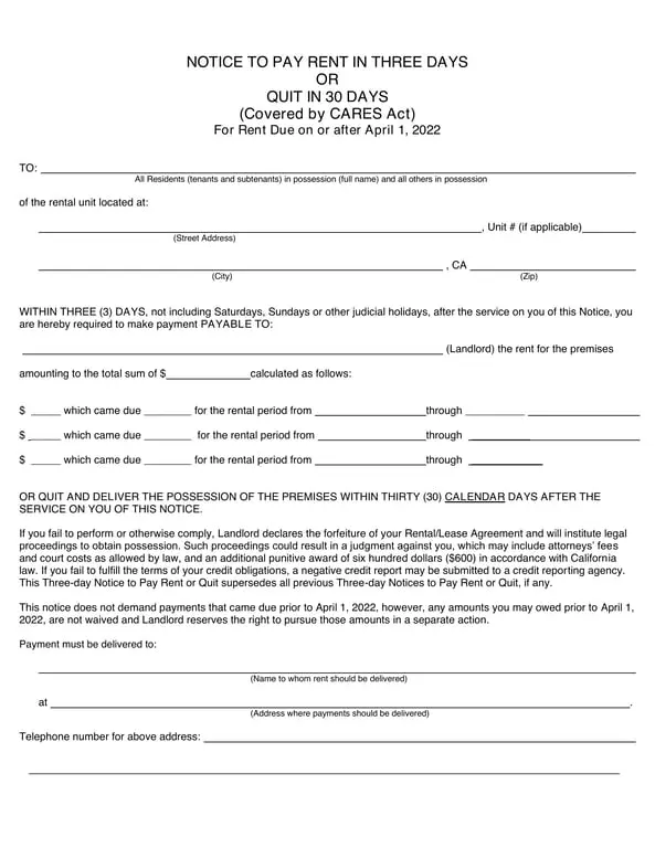 Get the most current California Pay Rent or Quit Notice - CARES Act Aligned Rental Payment Requirement Notice for April 2022 form now