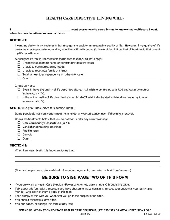 Get the most current SW 0229 Health Care Directive - Specify Your Personal Health Care Preferences form now