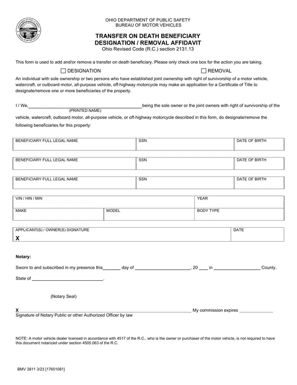 Get the most current Ohio Transfer on Death BMV 3811 - Designate your Vehicle Beneficiary form now