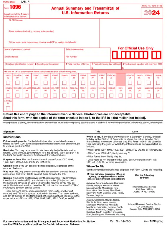 Get the most current 1096 – Annual Summary and Transmittal of U.S. Information Returns form now