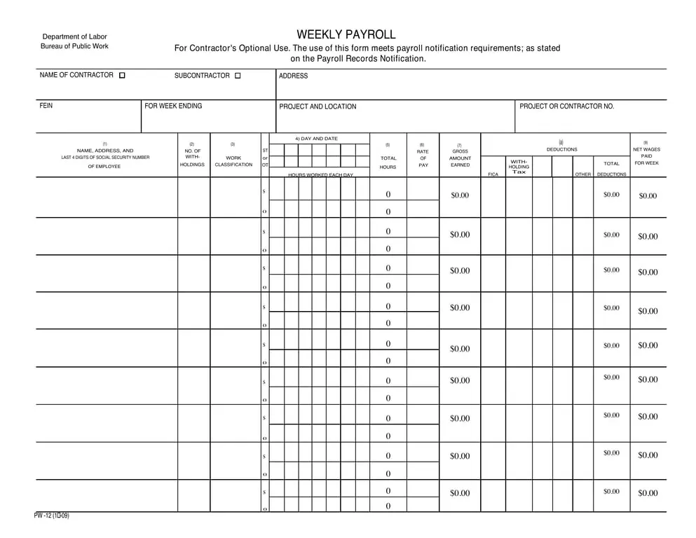 Get the most current New York Weekly Payroll Record - Bureau of Public Work form now