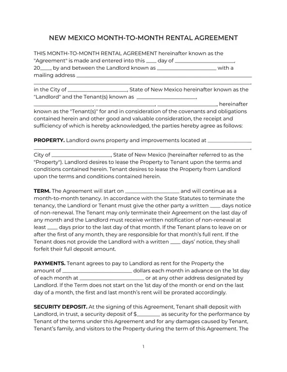 Get the most current New Mexico Monthly Rental Agreement Terms and Conditions form now
