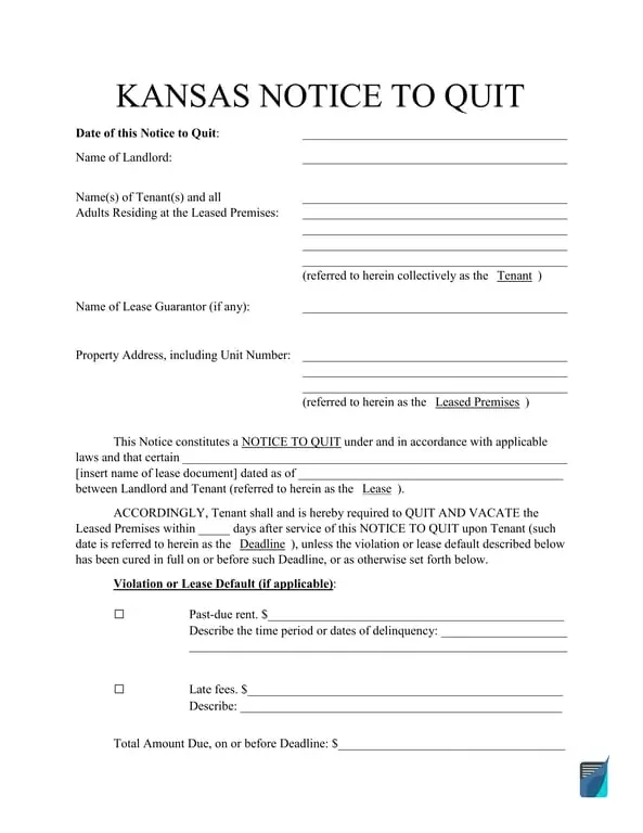 Get the most current Kansas Notice to Quit - Tenant Eviction Process in Lease Agreements form now