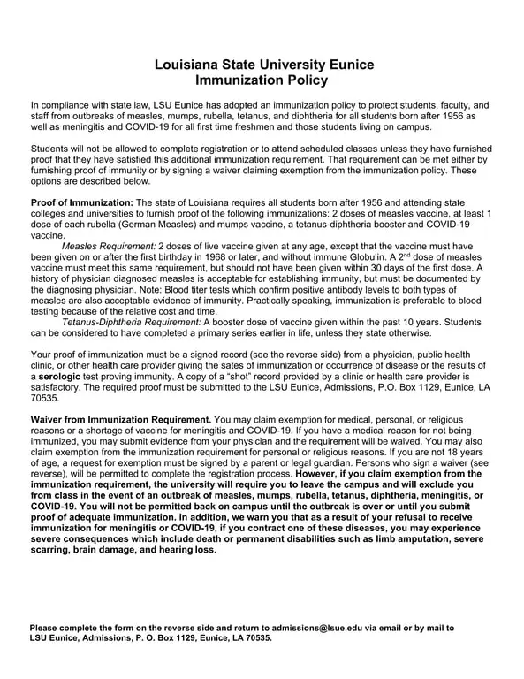 Get the most current Louisiana State University Eunice Immunization Record Requirement form now