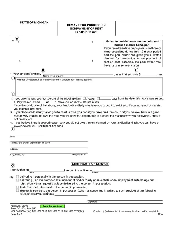 Get the most current Michigan DC 100a Official Demand for Possession Due to Nonpayment of Rent form now