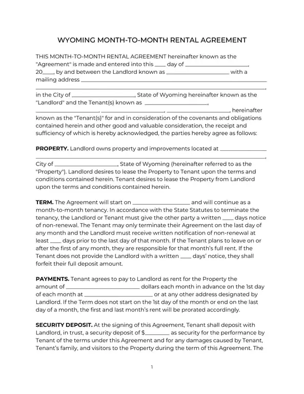 Get the most current Wyoming Month-to-Month Rental Agreement Details form now