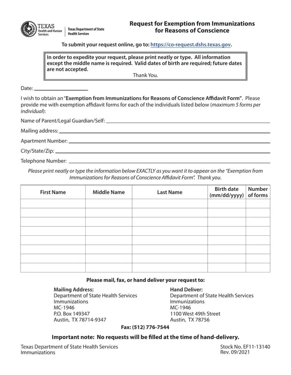 Get the most current Vaccination Exemption Request Affidavit - Department of State Health Services form now