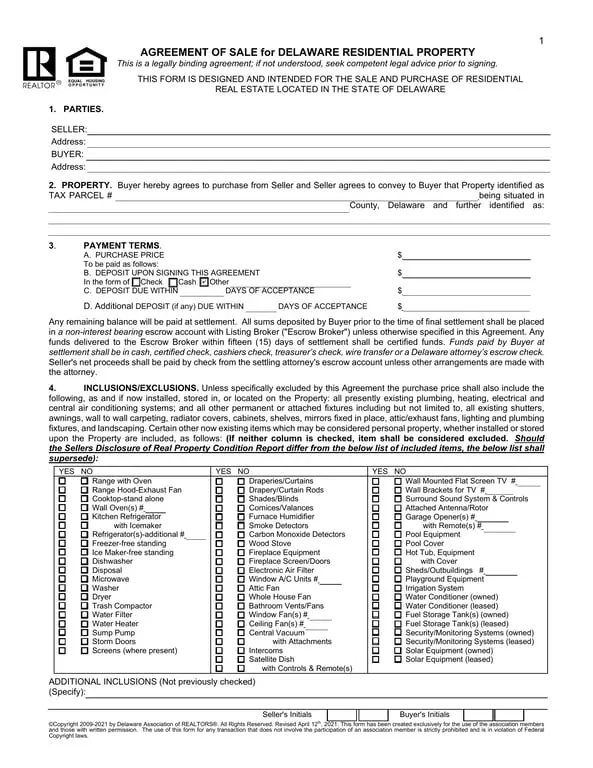 Get the most current Delaware Residential Property Sale Agreement form now