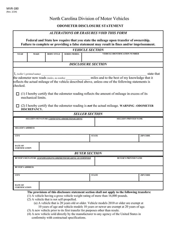 Get the most current North Carolina MVR-180 Vehicle Mileage and Ownership Transfer Document form now