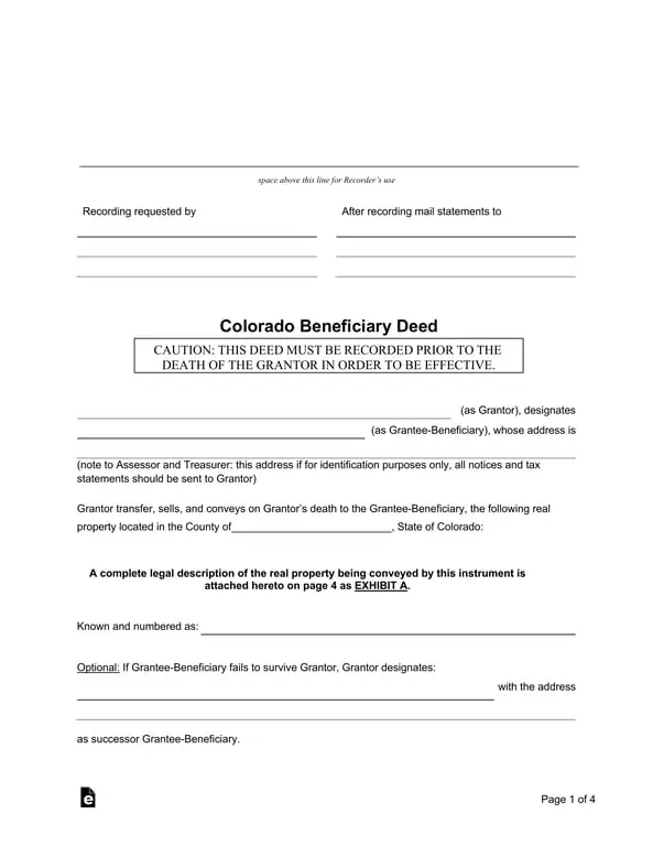 Get the most current Colorado Beneficiary Deed for Property Transfer on Death form now