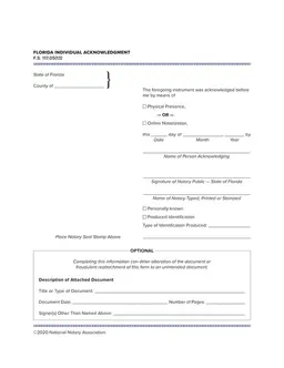 Florida Individual Acknowledgment Notarization F.S. 117.05(13) form preview