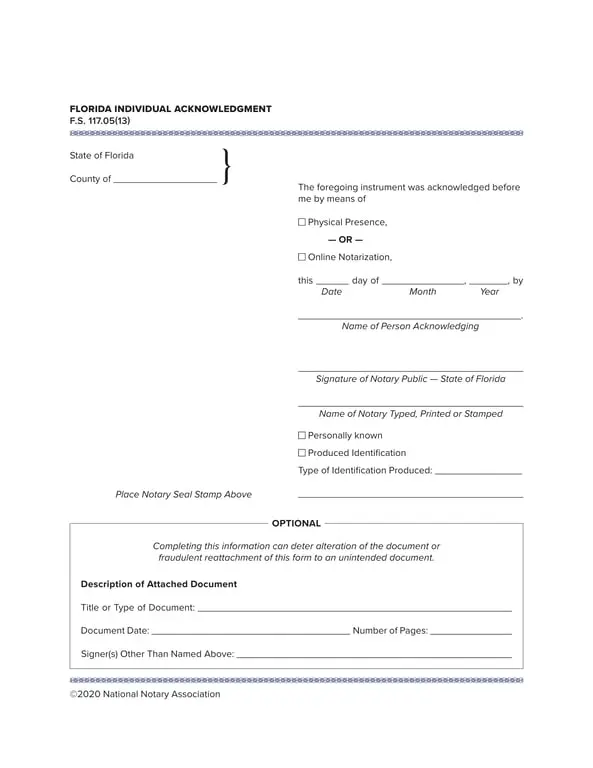 Get the most current Florida Individual Acknowledgment Notarization F.S. 117.05(13) form now