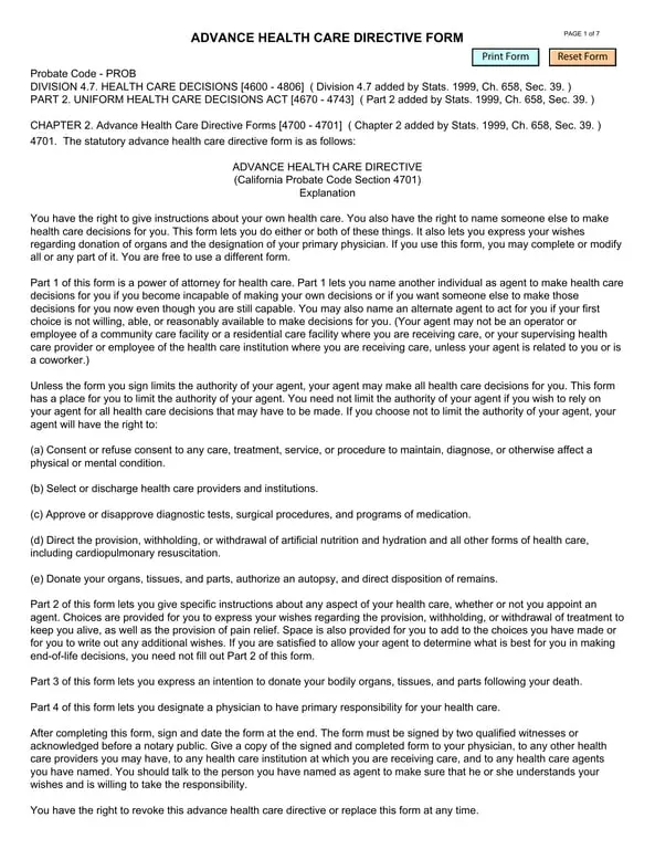Get the most current California Probate Code 4701 - Advance Health Care Directive form now