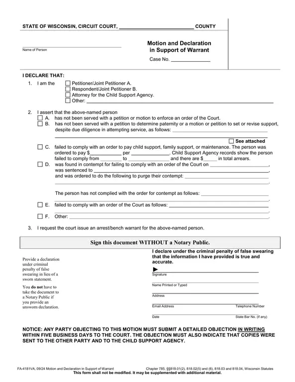 Get the most current Wisconsin Affidavit of Support FA-4181VA - Motion and Declaration for Warrant Request form now