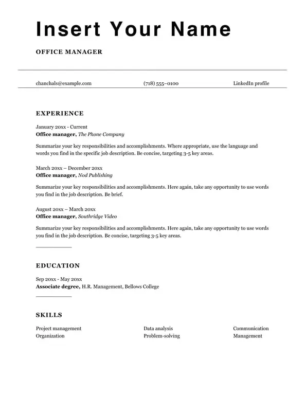 Get the most current ATS office manager resume form now