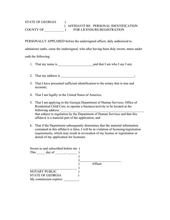 Get the most current Georgia Personal Identification Affidavit for Licensure Registration form now