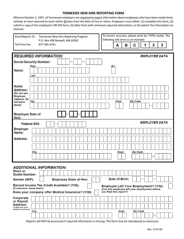 Get the most current Tennessee New Hire Reporting - All Employer Requirements form now