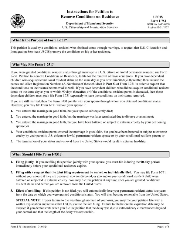 DHS I-751 for Removal of Conditions on Residency via Marriage
