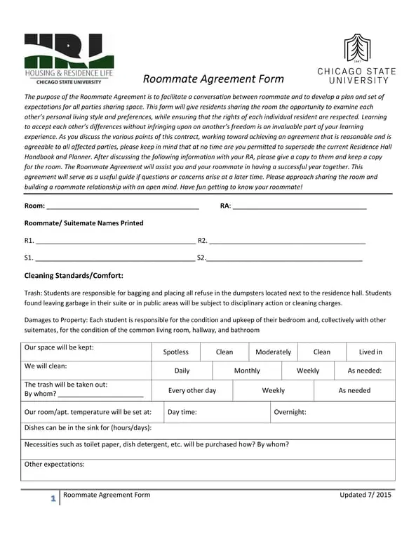 Get the most current 2015 Roommate Agreement for Harmonious Living in Residence Halls form now