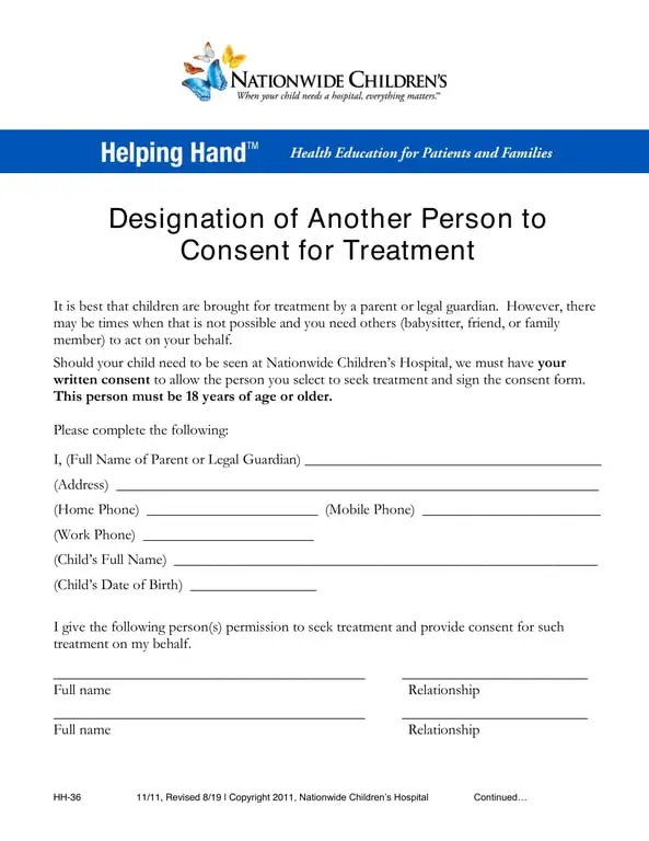 Get the most current HH-36 Child Medical Consent - Nationwide Children's Hospital Edition form now