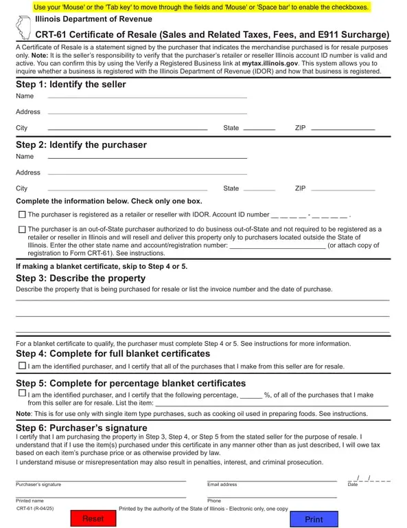 Get the most current Illinois Department of Revenue CRT-61 Cash Receipt for Resale Purchases Verification form now