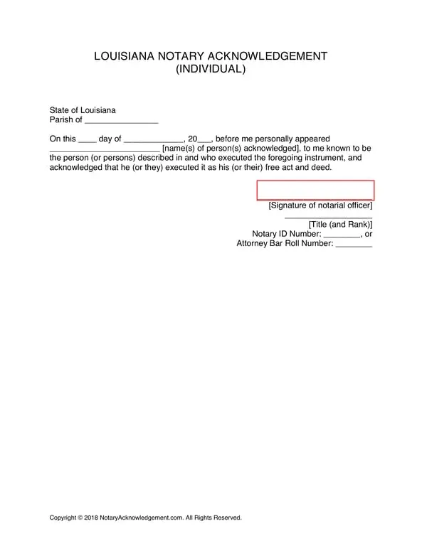 Get the most current Louisiana Notary Acknowledgement for Legal Signature Authentication form now