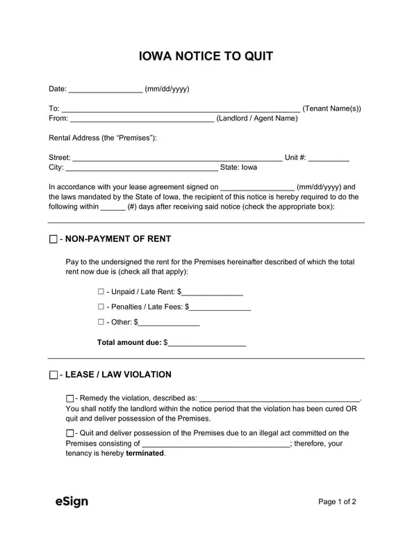 Get the most current Iowa Notice to Quit - Landlord Tenant Eviction Document form now
