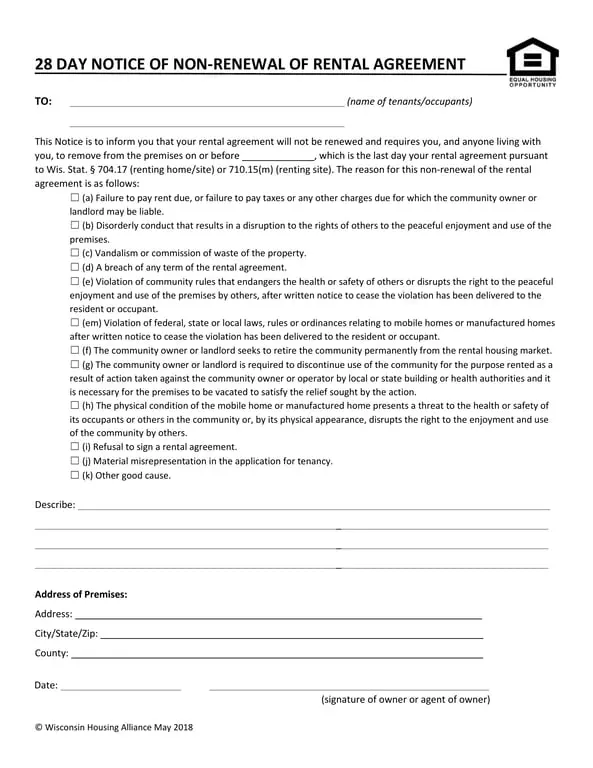Get the most current Wisconsin 28 Day Non-Renewal of Rental Agreement Notice form now