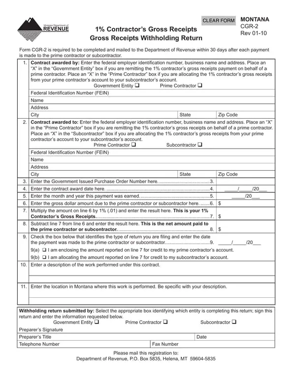 Get the most current Montana Gross Receipts Submission - 1% Contractor's Payment CGR-2 form now