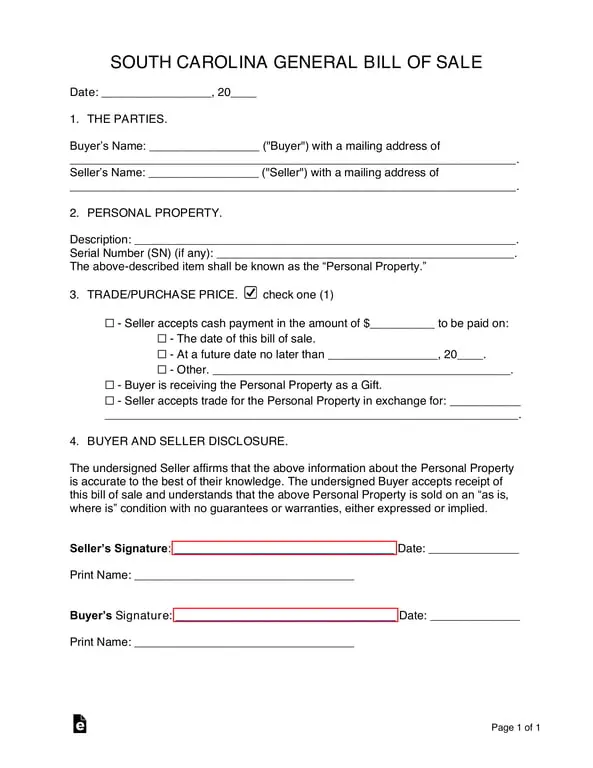 Get the most current South Carolina General Bill of Sale for Personal Property Transfer form now