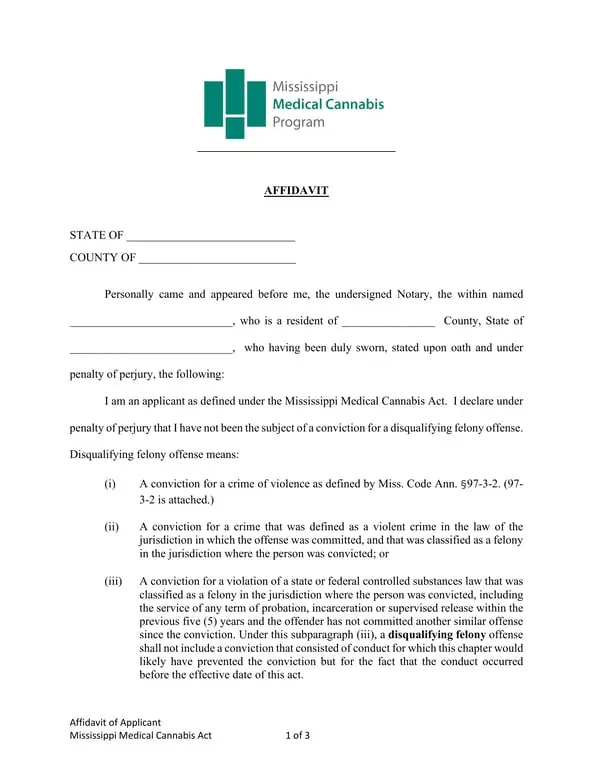 Get the most current Mississippi Medical Cannabis Act Applicant Affidavit of Identity form now