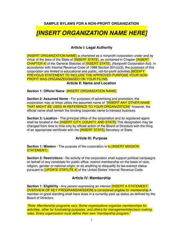 Get the most current Non-Profit Bylaws Under State Law and Section 501(c)(3) Compliance Template form now