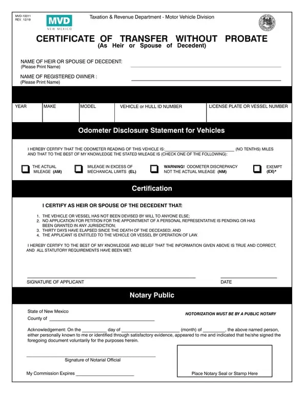 Get the most current New Mexico MVD-10011 Vehicle or Vessel Transfer on Death Verification form now