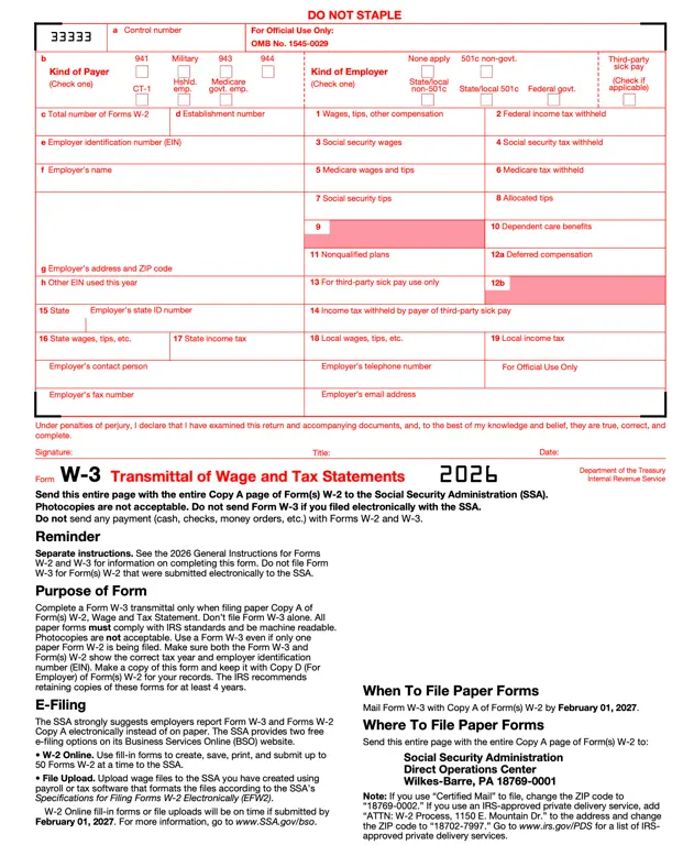 Get the most current W-3 – Transmittal of Wage and Tax Statements form now