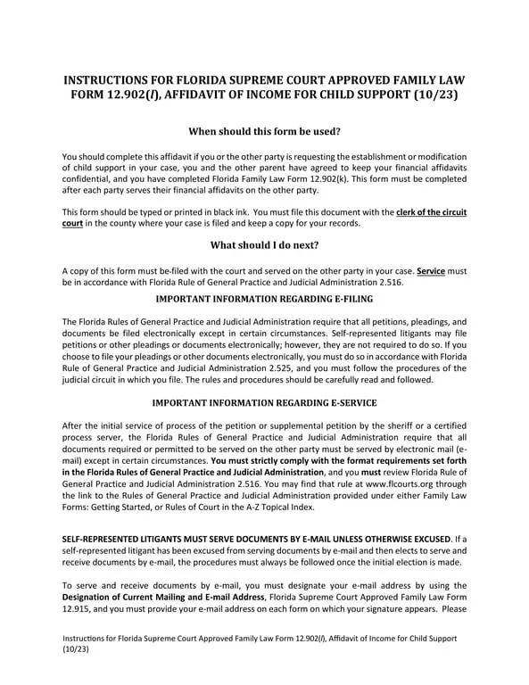 Get the most current Florida Affidavit of Income for Child Support - Law Form 12.902(l) Guidance form now
