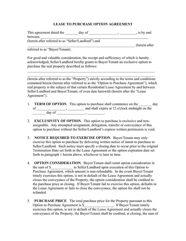 Get the most current Lease to Purchase Option Agreement - Residential Property Contract form now