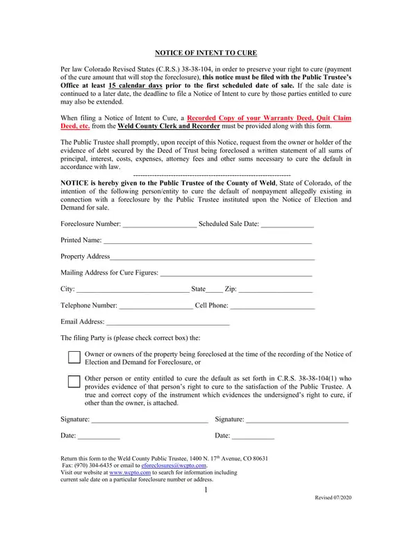 Get the most current Colorado Intent to Cure Notice - Protecting Your Property from Foreclosure Under C.R.S. 38-38-104 Law form now