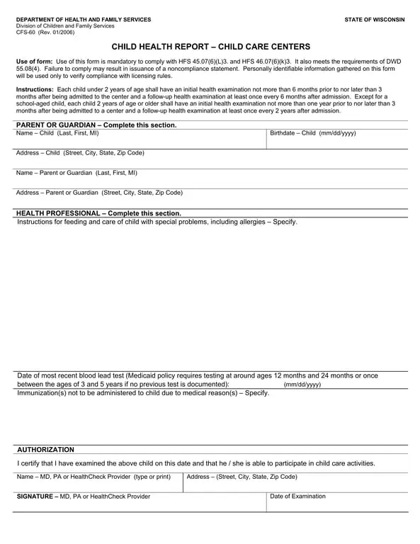 Get the most current Wisconsin Child Health Report CFS-60 Overview form now