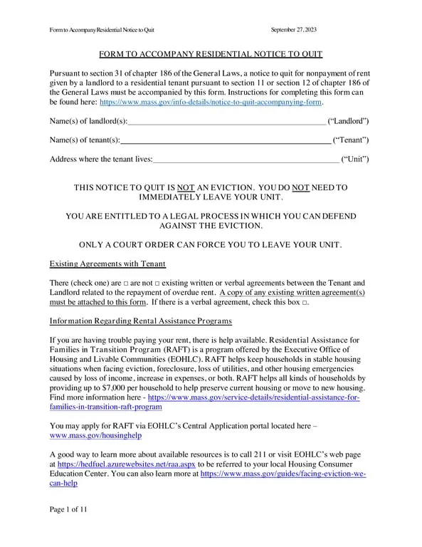 Get the most current Massachusetts Residential Notice to Quit - Chapter 186 Section 31 form now