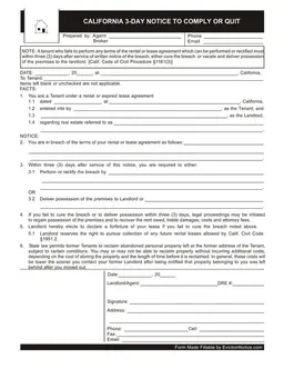 California 3-Day Tenant Violation Notice - Cure or Quit form preview