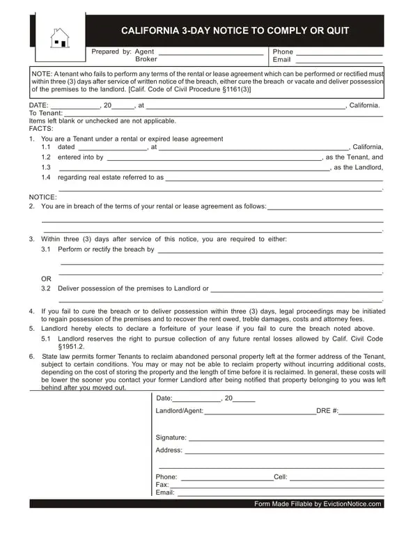 Get the most current California 3-Day Tenant Violation Notice - Cure or Quit form now