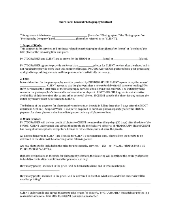 Get the most current General Photography Contract Agreement - Terms, Services, and Payment Obligations form now