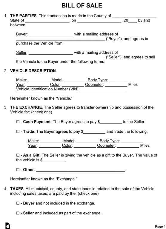 Get the most current Car bill of Sale form now