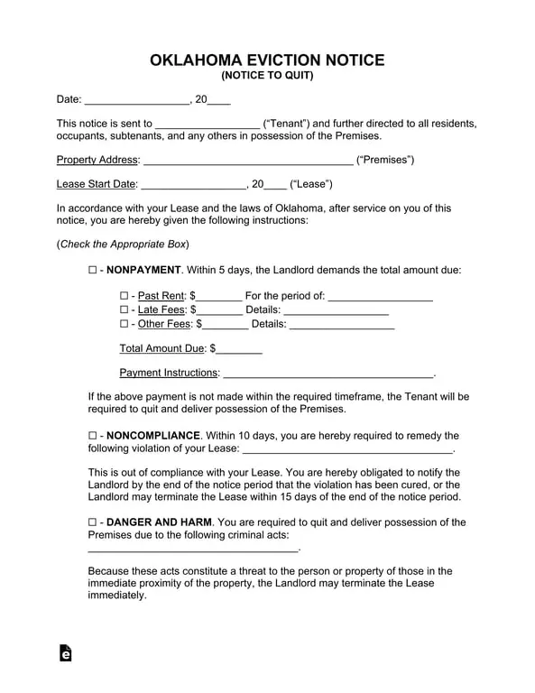 Get the most current Oklahoma Notice to Quit for Potential Evictions and Fee Breakdown form now