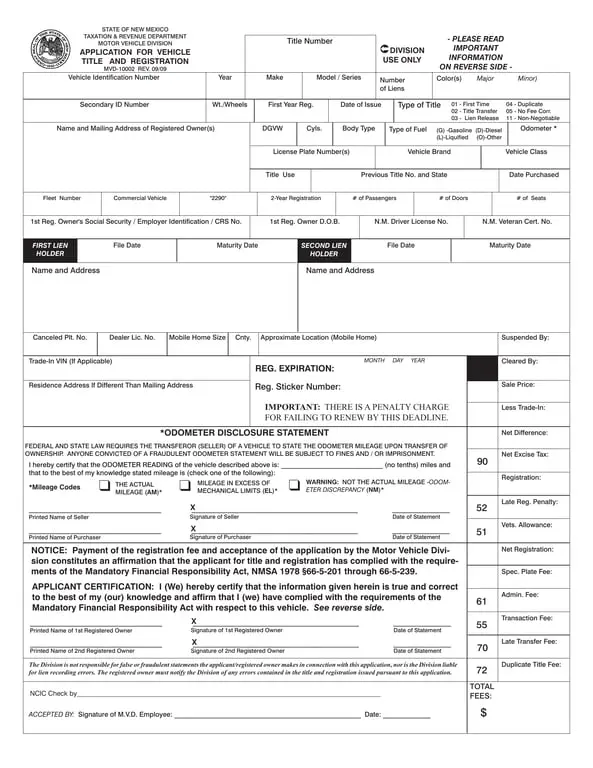 Get the most current New Mexico MVD-10002 Vehicle Title and Registration Application form now