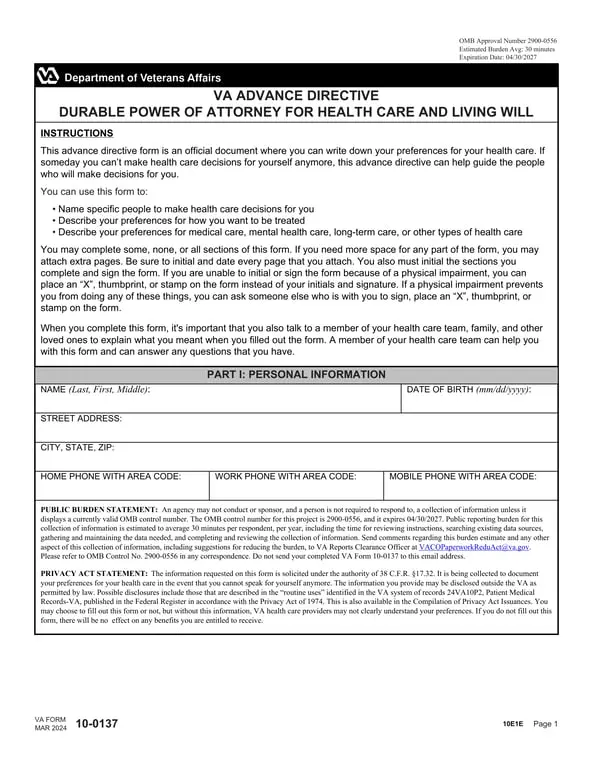 Get the most current VA Health Care Directive 2900-0556 - Express Your Preferences & Appoint Health Decisions Proxy form now